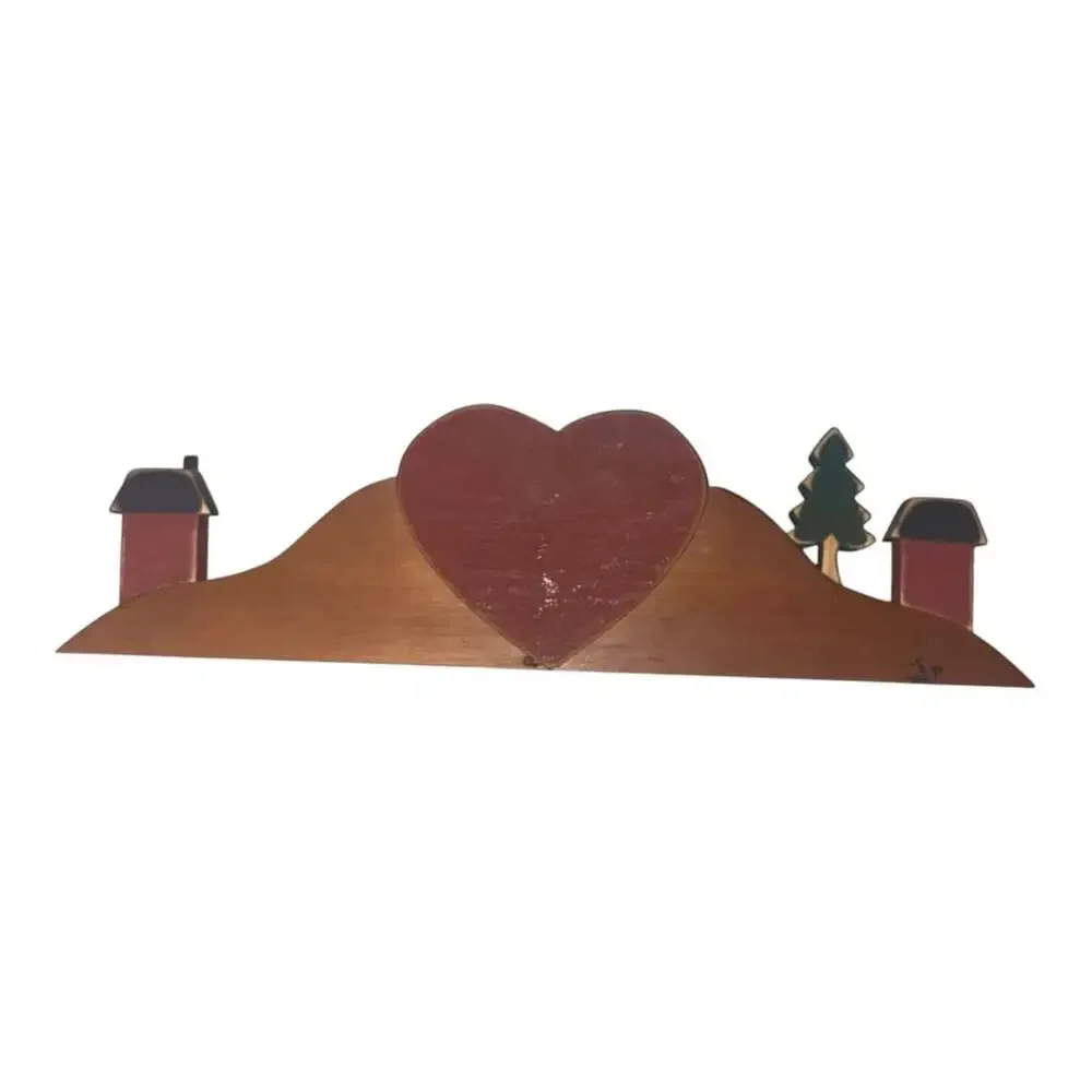 Vintage Hand Crafted Folk Art Wooden Heart Mantel Clock with Village and Tree